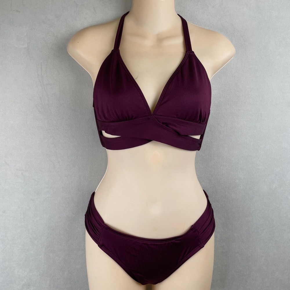 Kona Sol Wrap Halter Bikini Two Piece Swimsuit Ruched Bottoms Plum Purple S/M